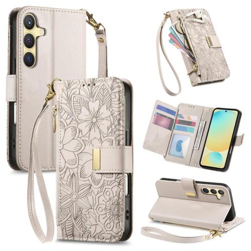 Funda de cuero con cremallera y correa para Samsung Galaxy S24 FE 5G, diseño de flores y hojas (caqui)