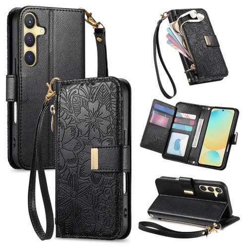 Funda de cuero con cremallera y correa para Samsung Galaxy S24 FE 5G, diseño de flores y hojas (negro)