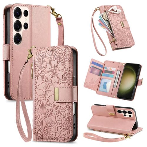 Funda de cuero con cremallera y correa para Samsung Galaxy S23 Ultra 5G, diseño de flores y hojas (rosa)