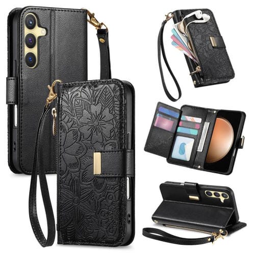Funda de cuero con cremallera y correa para Samsung Galaxy S23 FE 5G, diseño de flores y hojas (negro)