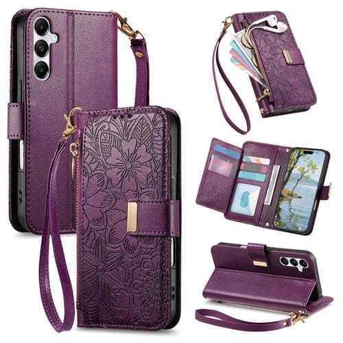 Funda de cuero con cremallera y correa para Samsung Galaxy A15, diseño de flores y hojas (morado)