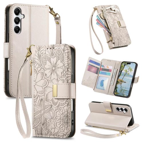 Funda de cuero con cremallera y correa para Samsung Galaxy A15, diseño de flores y hojas (caqui)