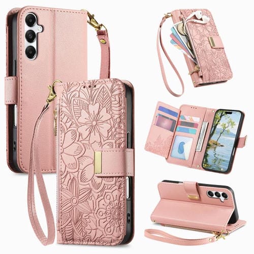 Funda de cuero con cremallera y correa para Samsung Galaxy A16, diseño de flores y hojas (rosa)