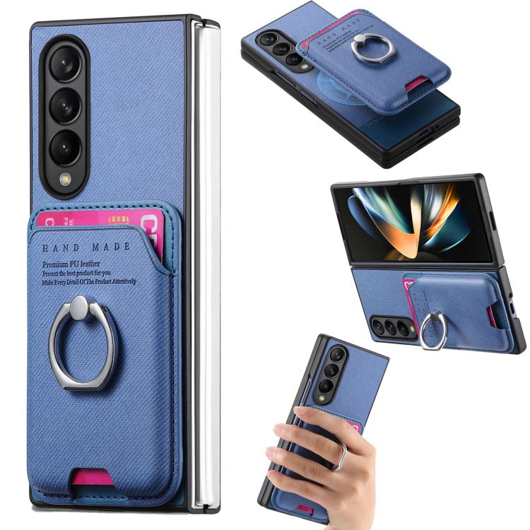 Funda magnética con anillo para Samsung Galaxy Z Fold4 5G, de tela sarga, con tarjetero (azul)