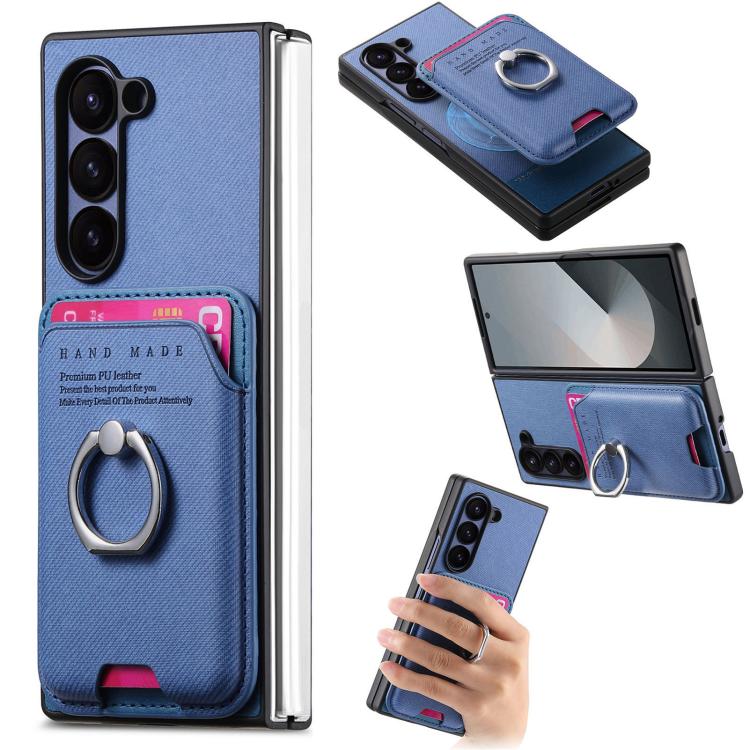 Funda magnética con anillo para Samsung Galaxy Z Fold5 5G, de tela sarga, con tarjetero (azul)