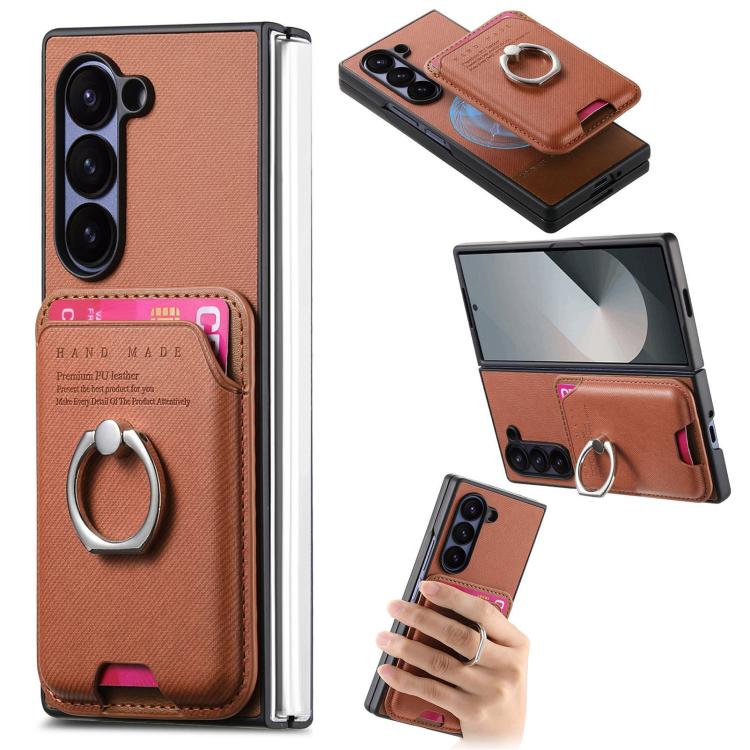 Funda de tela sarga con anillo magnético para Samsung Galaxy Z Fold6 5G (marrón)