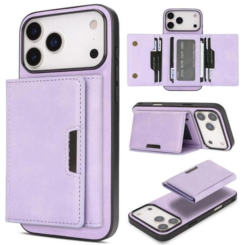 Funda de cuero plegable triple Kalebol con imán fuerte MagSafe para iPhone 17 Pro (morado)