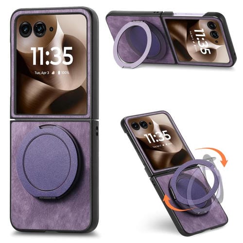 Funda de cuero retro con soporte giratorio para Motorola Moto Razr 50 Ultra (morado)