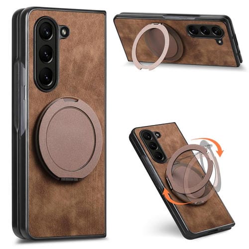 Funda de cuero retro con soporte giratorio redondo para Samsung Galaxy Z Fold6 (marrón)