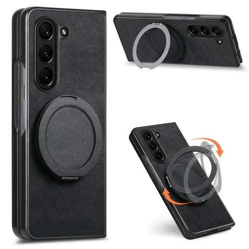 Funda de cuero retro con soporte giratorio redondo para Samsung Galaxy Z Fold6 (negro)