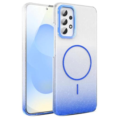 Funda MagSafe a prueba de golpes para Samsung Galaxy A32 4G con purpurina dorada y degradado (azul)