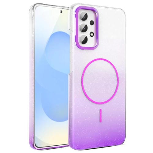 Funda MagSafe a prueba de golpes para Samsung Galaxy A32 4G con purpurina dorada y degradado (morado)