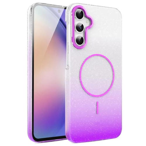 Funda MagSafe a prueba de golpes para Samsung Galaxy A54 5G con purpurina dorada y degradado (morado)