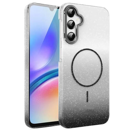 Funda MagSafe a prueba de golpes para Samsung Galaxy A05s con purpurina dorada y degradado (negro)