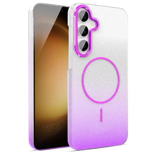 Funda MagSafe a prueba de golpes para Samsung Galaxy S23 FE 5G con purpurina dorada y degradado (morado)