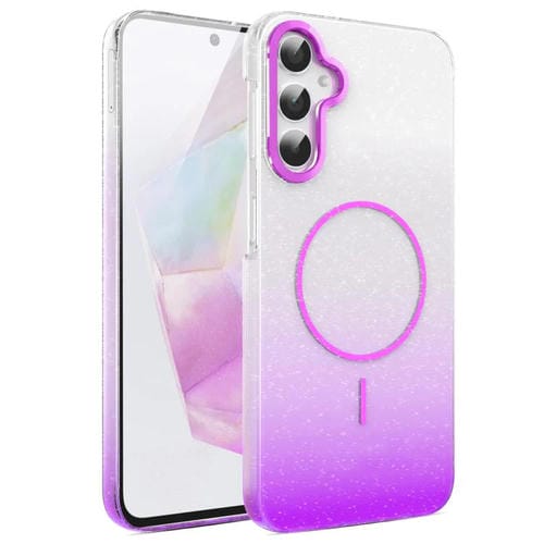 Funda MagSafe a prueba de golpes para Samsung Galaxy A35 5G con purpurina dorada y degradado (morado)