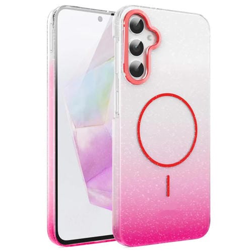 Funda MagSafe a prueba de golpes con degradado de brillo y diamantes dorados para Samsung Galaxy A35 5G (roja)