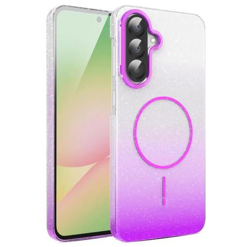 Funda MagSafe a prueba de golpes para Samsung Galaxy A55 5G con purpurina dorada y degradado (morado)