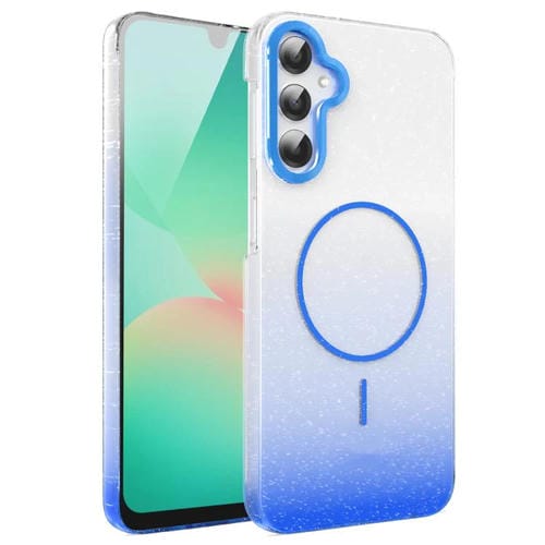 Funda MagSafe a prueba de golpes para Samsung Galaxy A26 5G con purpurina dorada y degradado (azul)