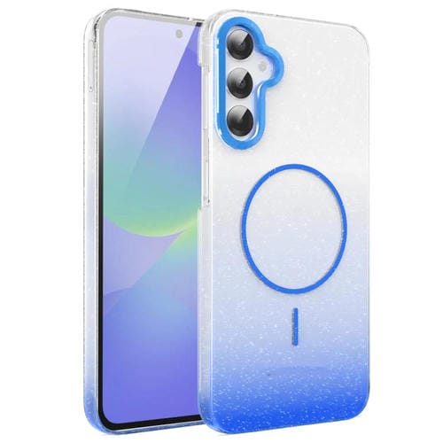 Funda MagSafe a prueba de golpes para Samsung Galaxy A36 5G con purpurina dorada y degradado (azul)