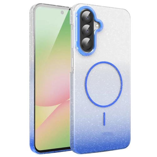 Funda MagSafe a prueba de golpes para Samsung Galaxy A56 5G con purpurina dorada y degradado (azul)