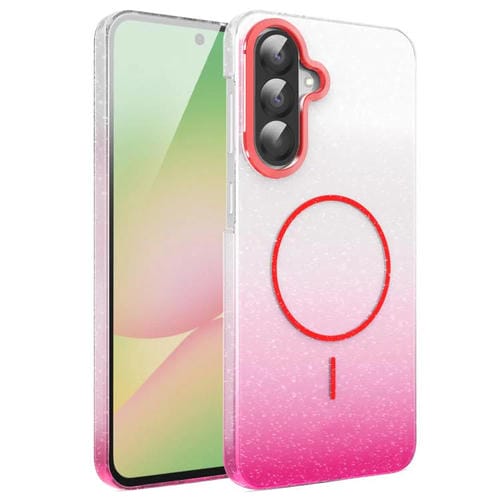 Funda MagSafe a prueba de golpes para Samsung Galaxy A56 5G con purpurina dorada y degradado (rojo)