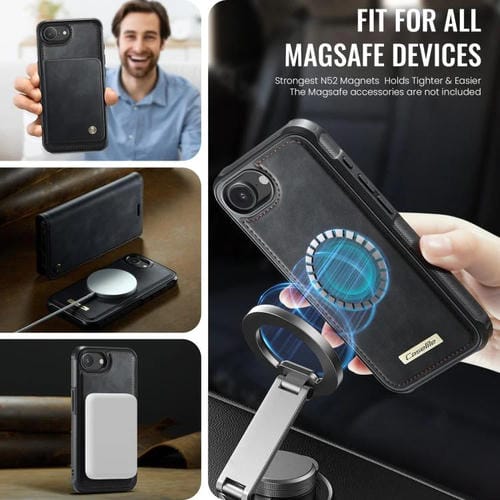 Funda de cuero desmontable CaseMe C49 con bloqueo RFID MagSafe para iPhone 16e (negra)