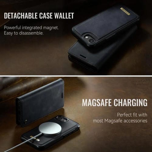 Funda de cuero desmontable CaseMe C49 con bloqueo RFID MagSafe para iPhone 16e (negra)