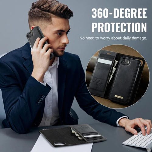 Funda de cuero desmontable CaseMe C49 con bloqueo RFID MagSafe para iPhone 16e (negra)