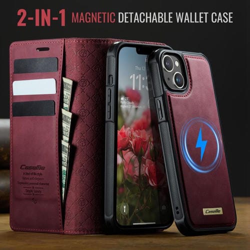 Funda de cuero desmontable CaseMe C49 con bloqueo RFID MagSafe para iPhone 14 (roja)
