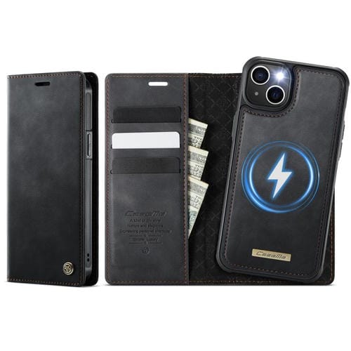 Funda de cuero desmontable CaseMe C49 con bloqueo RFID MagSafe para iPhone 14 (negra)