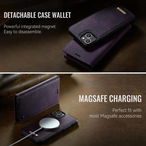 Funda de cuero desmontable CaseMe C49 con bloqueo RFID MagSafe para iPhone 13 (morado)
