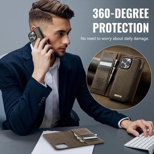 Funda de cuero desmontable CaseMe C49 con bloqueo RFID MagSafe para iPhone 13 Pro Max (café)