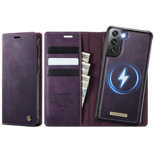 Funda de cuero desmontable CaseMe C49 con bloqueo RFID magnético para Samsung Galaxy S21+ 5G (morado)