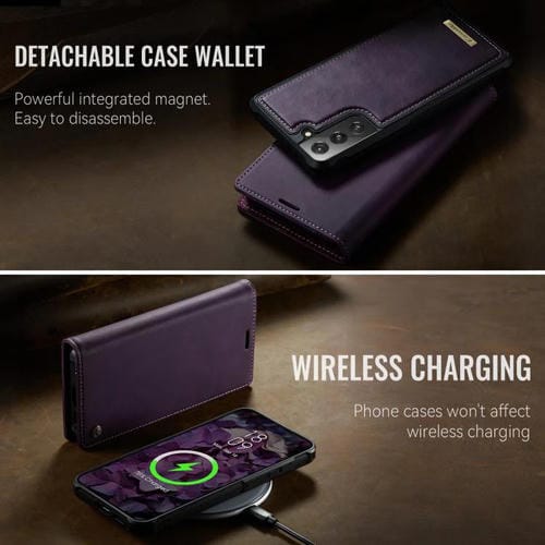 Funda de cuero desmontable CaseMe C49 con bloqueo RFID magnético para Samsung Galaxy S21+ 5G (morado)