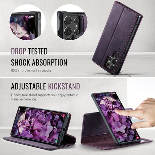 Funda de cuero desmontable con bloqueo RFID magnético para Samsung Galaxy S22 Ultra 5G CaseMe C49 (morado)