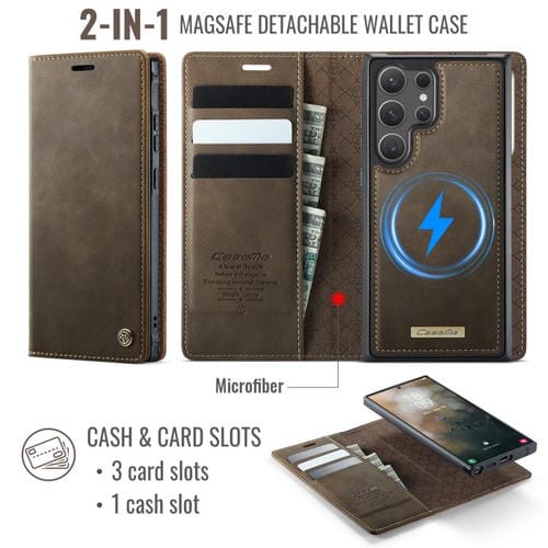 Funda de cuero desmontable con bloqueo RFID magnético para Samsung Galaxy S23 Ultra 5G CaseMe C49 (café)