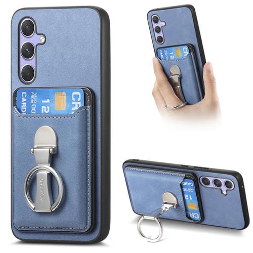 Funda retro plegable con anillo y tarjetero MagSafe para Samsung Galaxy A25 5G (azul)