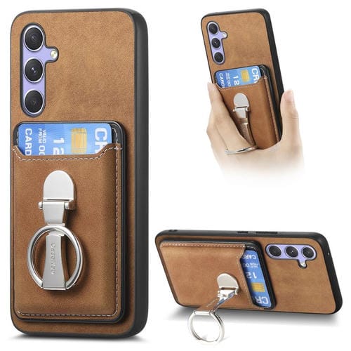 Funda retro plegable con anillo y tarjetero MagSafe para Samsung Galaxy A35 5G (marrón)