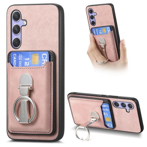 Funda retro plegable con anillo y tarjetero MagSafe para Samsung Galaxy A35 5G (rosa)