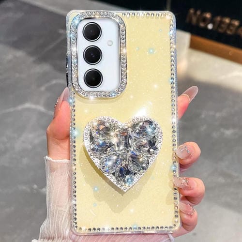 Funda para Samsung Galaxy A56 5G con diseño de corazón, piedras preciosas y brillantes (amarillo claro)