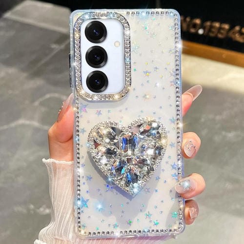 Funda para Samsung Galaxy S25+ 5G con purpurina de diamantes y piedras preciosas en forma de corazón (estrellas transparentes)