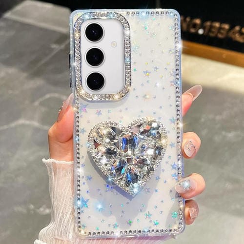 Funda para Samsung Galaxy S24 FE 5G con purpurina de diamantes y piedras preciosas en forma de corazón (estrellas transparentes)