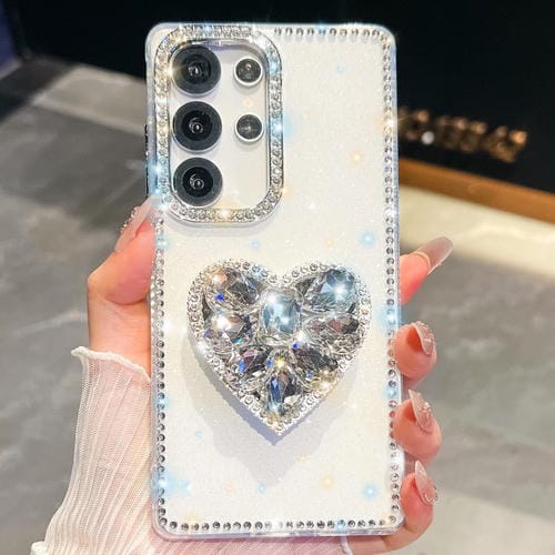 Funda para Samsung Galaxy S23 Ultra 5G con diseño de corazón, piedras preciosas y brillo de diamantes (blanca)