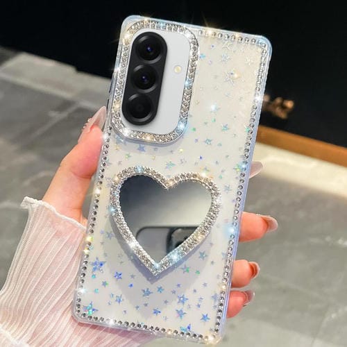 Funda para Samsung Galaxy A36 5G con purpurina de diamante y espejo con forma de corazón (estrellas transparentes)