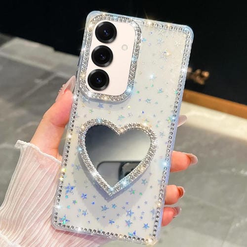 Funda para Samsung Galaxy S25 5G con purpurina de diamante y espejo con forma de corazón (estrellas transparentes)