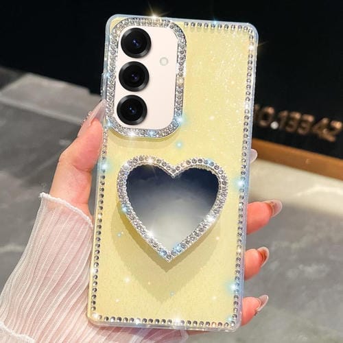 Funda con forma de corazón y espejo con purpurina de diamante para Samsung Galaxy S25+ 5G (amarillo claro)