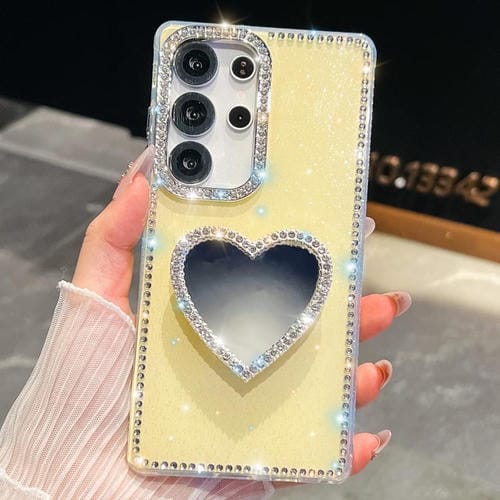Funda para Samsung Galaxy S25 Ultra 5G con purpurina y espejo, con forma de corazón (amarillo claro)