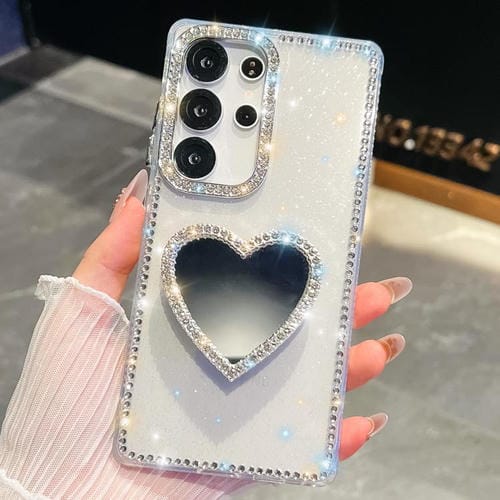 Funda transparente con forma de corazón y espejo con purpurina de diamante para Samsung Galaxy S25 Ultra 5G (transparente)
