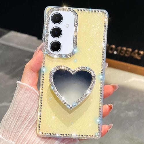 Funda con forma de corazón y espejo con purpurina de diamante para Samsung Galaxy A55 5G (amarillo claro)